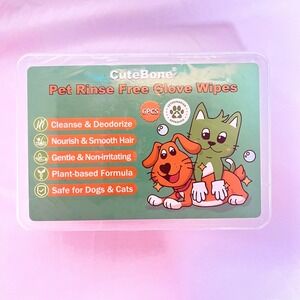 CuteBone Pet Rinse Free Glove Wipe 6 Count for Dogs and Cats Plant-Based Formula